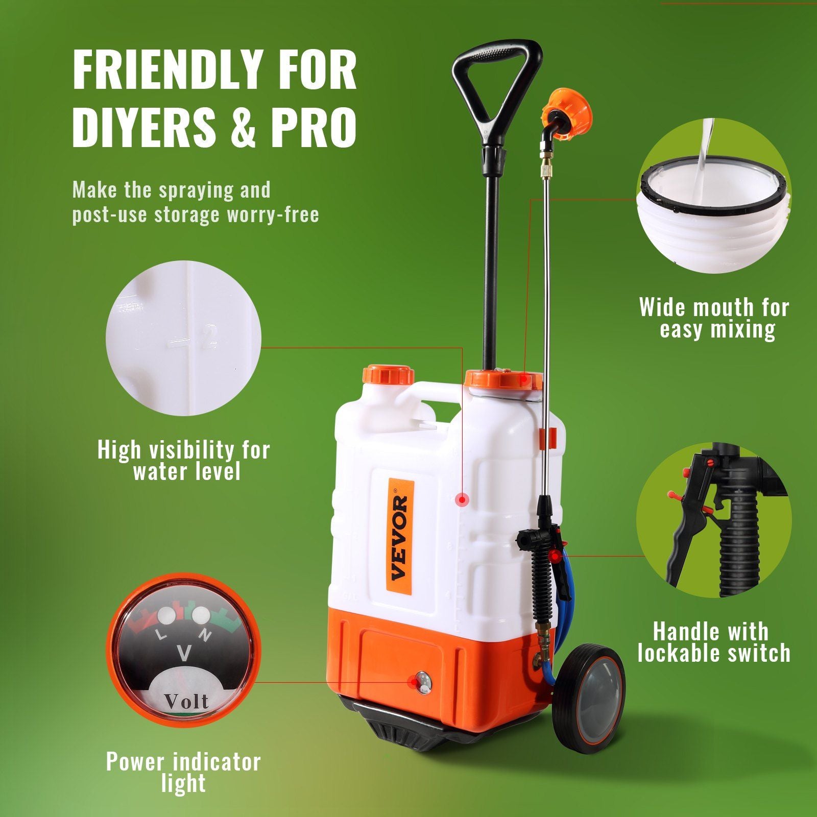 VEVOR Battery Powered Backpack Sprayer with Cart, 0-94 PSI Adjustable Pressure, 4 Gallon Tank on Wheels, with 8 Nozzles and 2 Wands, 12V 7.2Ah Battery, Wide Mouth Lid for Weeding, Spraying, Cleaning - JM Variety Store